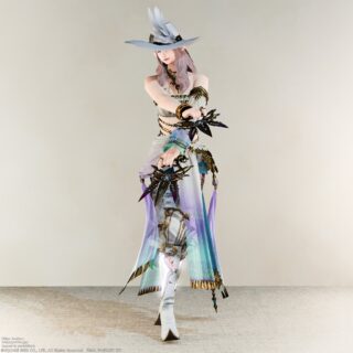 踊り子ミラプリ・Lumière Urbaine、衣装の色彩・アクセントが分かるディテールアップ画像 / FF14 Dancer glamour “Lumière Urbaine” close-up showing outfit colors and decorative details.