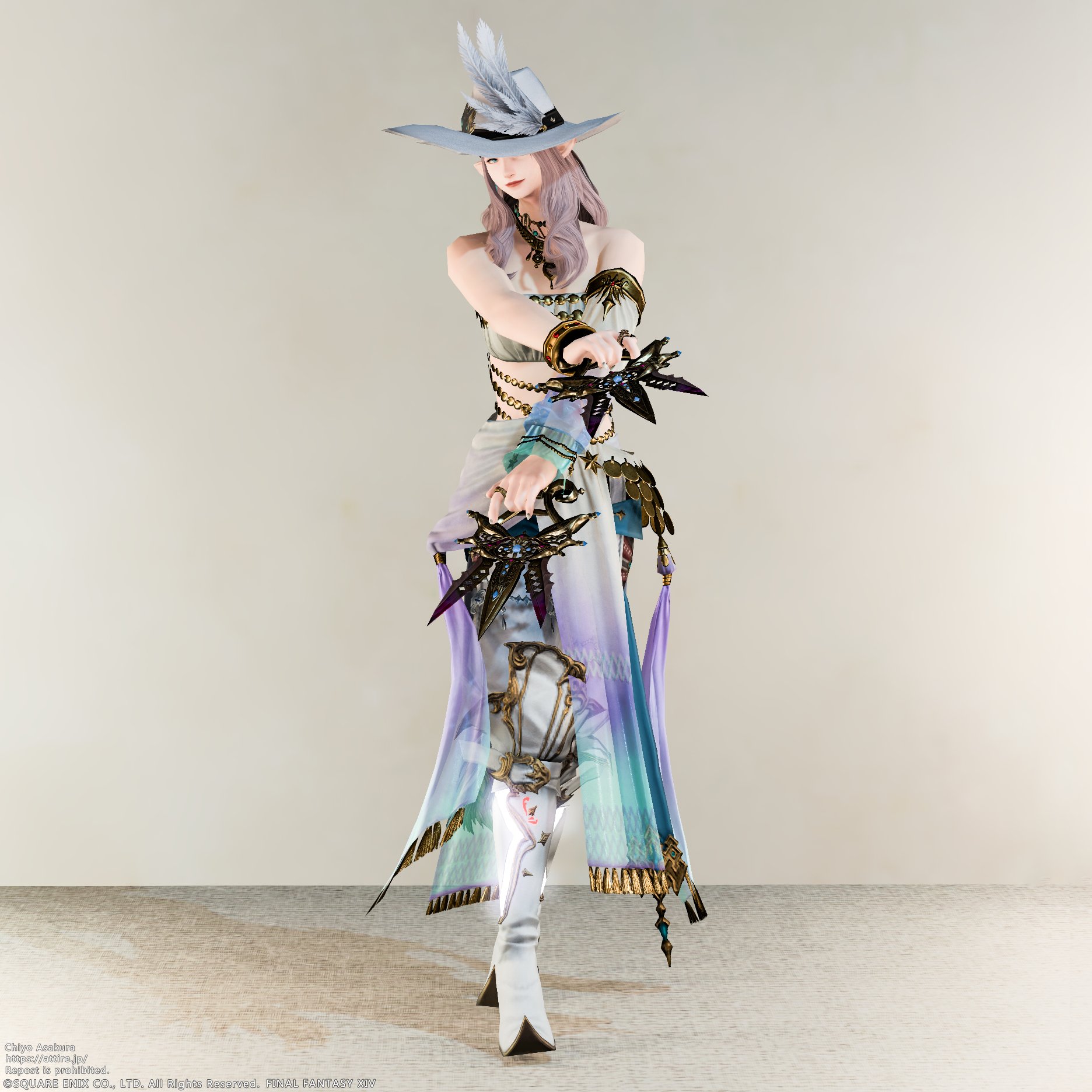 踊り子ミラプリ・Lumière Urbaine、衣装の色彩・アクセントが分かるディテールアップ画像 / FF14 Dancer glamour “Lumière Urbaine” close-up showing outfit colors and decorative details.