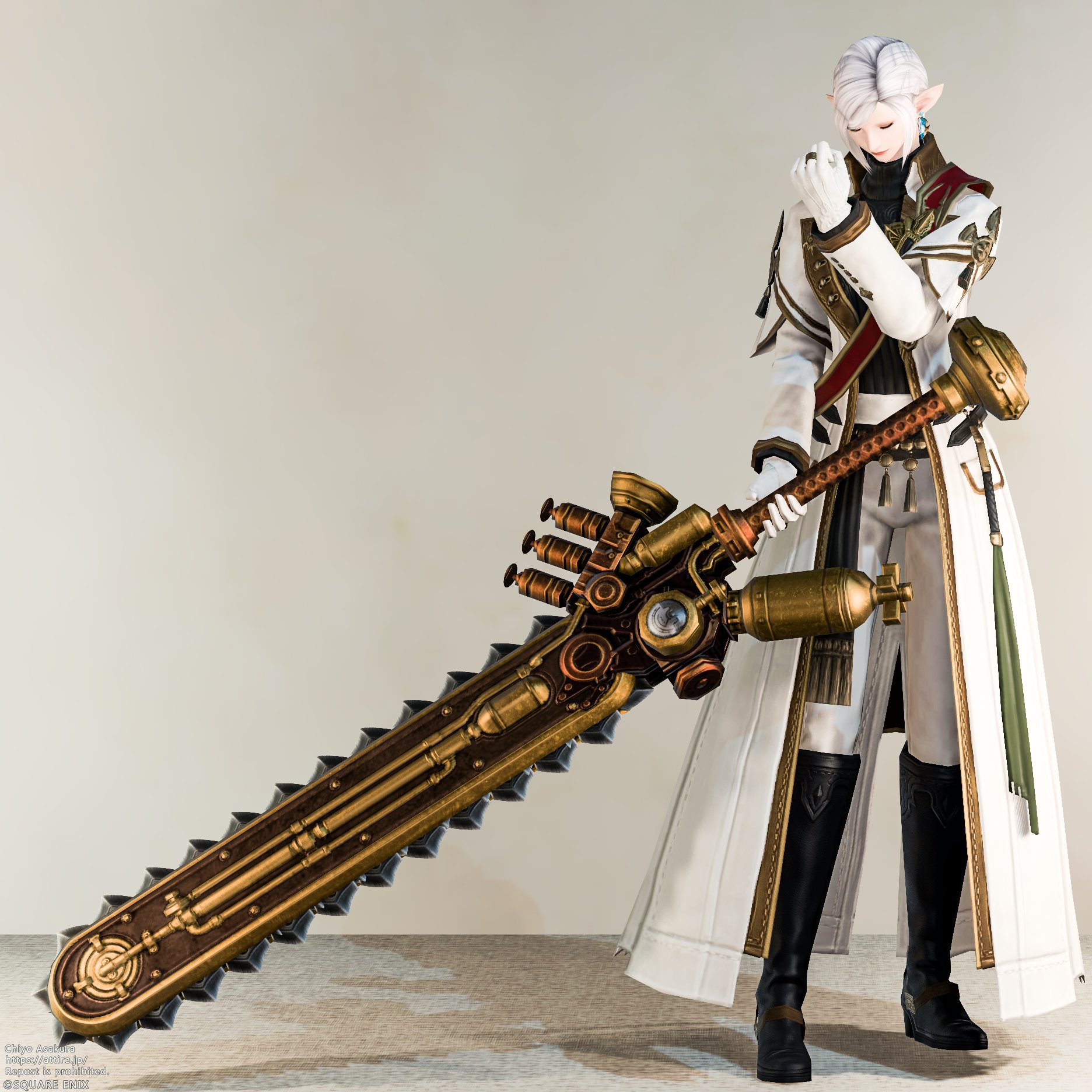 FF14 暗黒騎士用武器 コンドライト・マジテックディバイダー の見た目画像。スチームパンク風デザインの大剣で、金属装飾やギア構造が特徴。 / FFXIV Dark Knight weapon Chondrite Magitek Guillotine appearance image, a steampunk-style greatsword with detailed mechanical design.